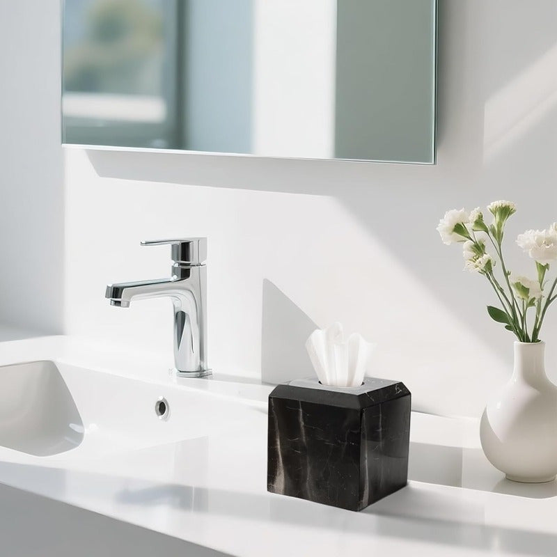 Italy Natural Marble Tissue Box Cover - Heavy-Duty Square Marble Toilet Paper Holder with Black & White Veining, Minimalist Modern Design for Bathroom, Living Room, Bedroom, Kitchen, Office - Durable Elegant Home Decor, Easy-Clean Surface, Decorative