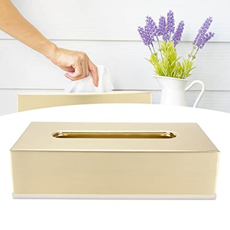 Golden Stainless Steel Tissue Box - Decorative Metal Tissue Holder & Dispenser with Modern Rectangular Design, Rounded Corners & Smooth Edges, Durable Rust-Resistant Construction for Bathroom, Bedroom, Living Room - Elegant Napkin Dispenser for Home