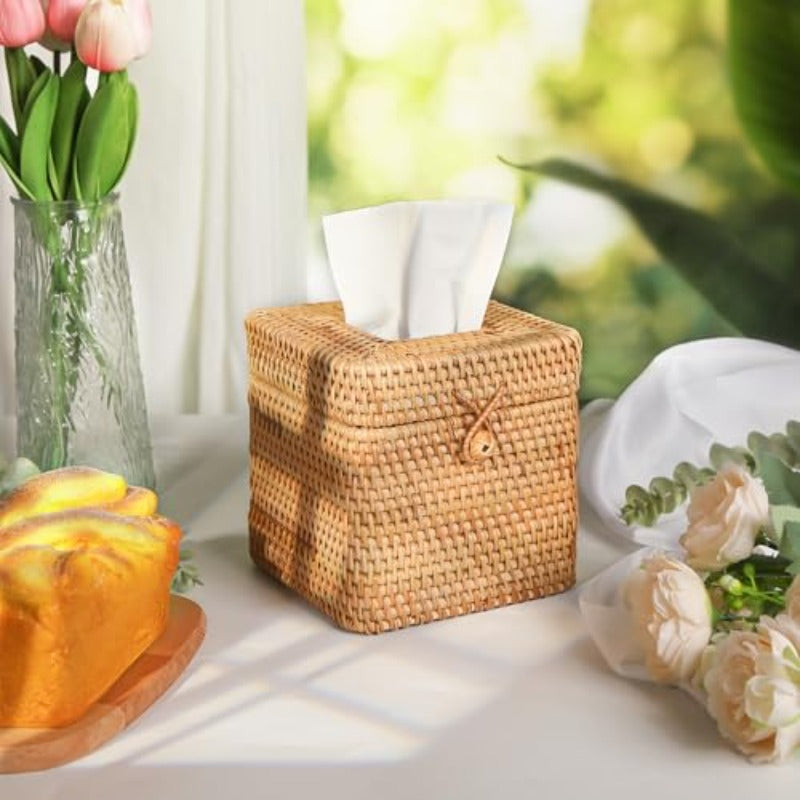 2pcs Tissue Box Cover 5. 7 x 5. 7 x 5. 7 Square Tissue Box Cover Decorative Woven Facial Tissue Holder with Hinged Top Lid for Home Offi Desk Living Room Dec, Tissue Box with Storage, Tissue Box Holder Vintage, Tissue Box Holder, Home Decor Accessory,