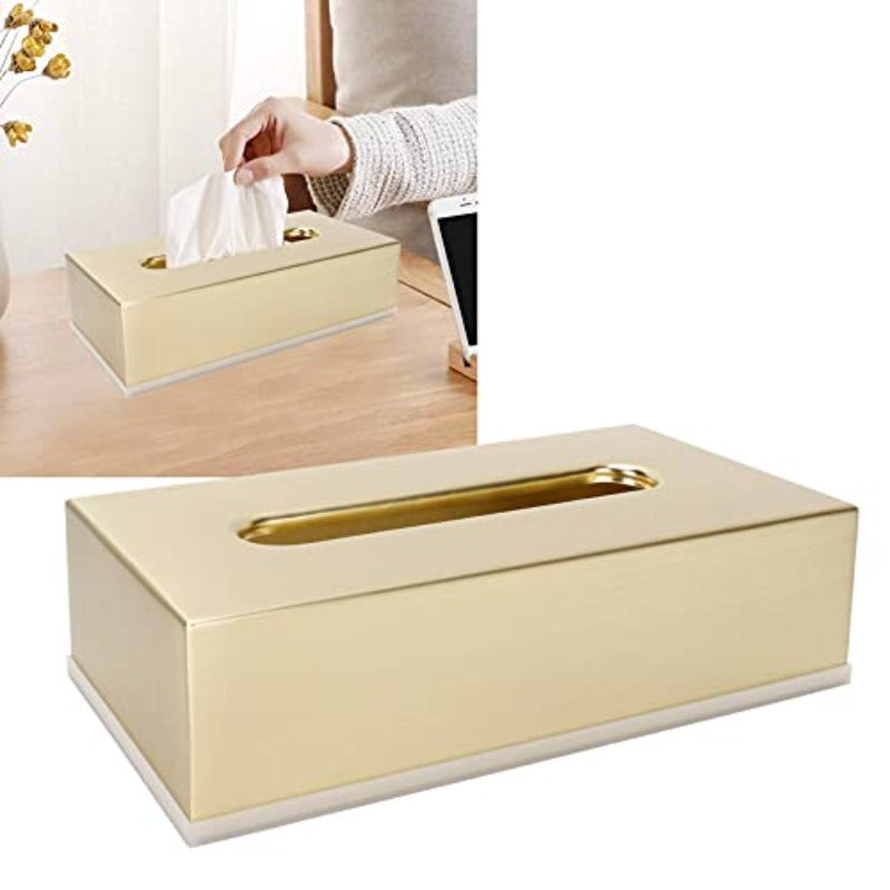 Golden Stainless Steel Tissue Box - Decorative Metal Tissue Holder & Dispenser with Modern Rectangular Design, Rounded Corners & Smooth Edges, Durable Rust-Resistant Construction for Bathroom, Bedroom, Living Room - Elegant Napkin Dispenser for Home