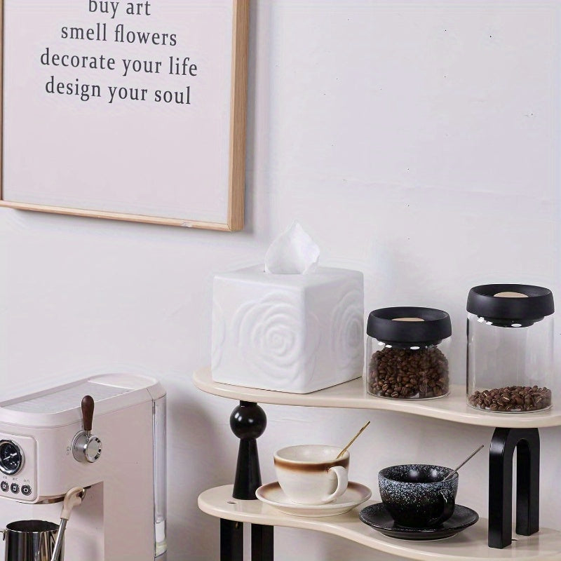 1pc Elegant White Ceramic Tissue Box Holder with Carved Lid - Large Square/Rectangular Design, Decorative Lid & Sturdy Base for Bathroom, Vanity, Kitchen, Office - Decorative Storage for Tissues, Tissues Not Included - Modern & Traditional Decor -