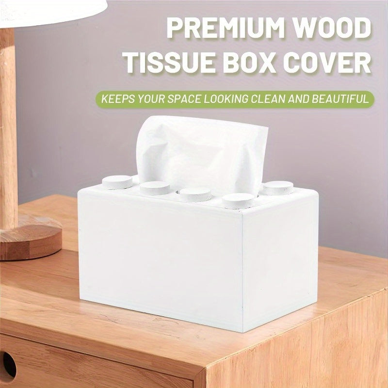 Cute Building Blocks-Themed Tissue Box Cover - Rectangular, Wooden Napkin Holder with 6 Compartments - Ideal for Home Decor in Living Room, Kitchen, Office - White, Napkin Holder for Table, Kitchen Accessory|Playful Design|Wooden Construction, Napkin