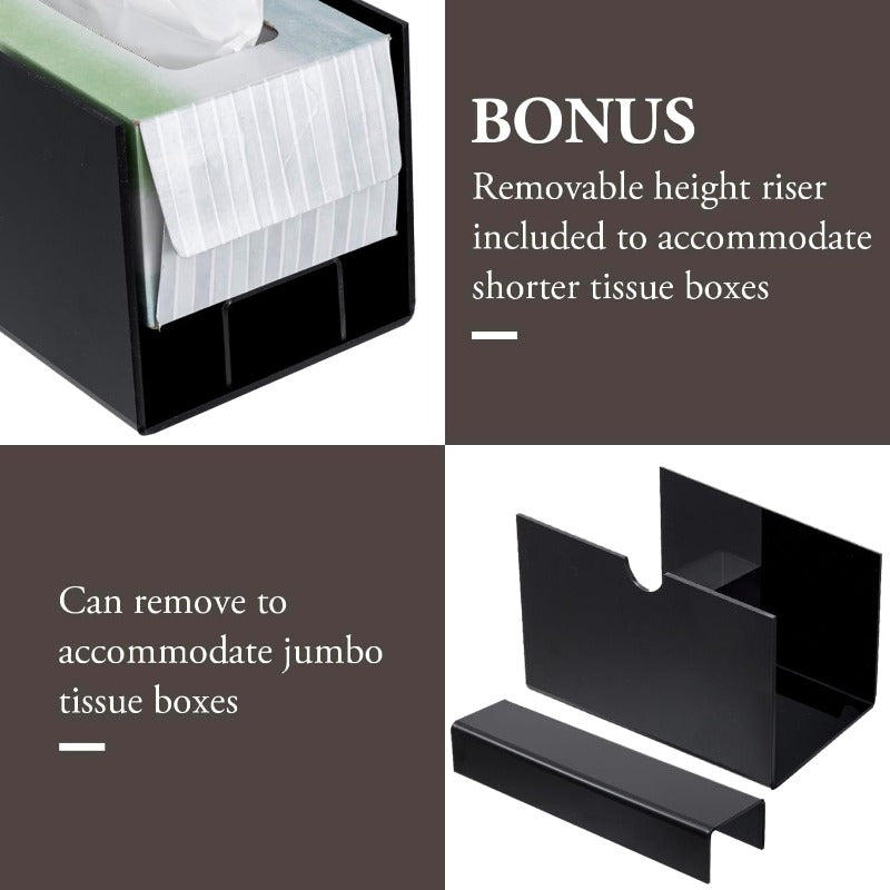 Modern Black Acrylic Rectangular Tissue Box Cover with Slide-Out Holder & Refillable Napkin Dispenser - Space-Saving Bathroom Vanity Organizer, Hygienic One-Touch Operation, Durable Countertop Storage for Home or Office - Minimalist Design, Easy