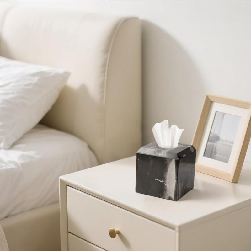 Italy Natural Marble Tissue Box Cover - Heavy-Duty Square Marble Toilet Paper Holder with Black & White Veining, Minimalist Modern Design for Bathroom, Living Room, Bedroom, Kitchen, Office - Durable Elegant Home Decor, Easy-Clean Surface, Decorative