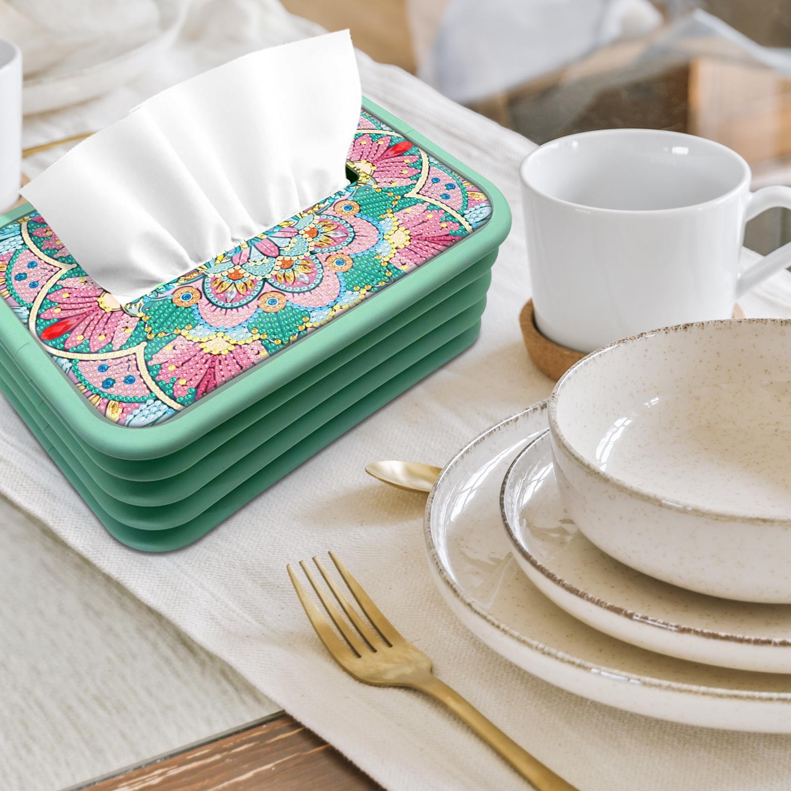 1pc Handmade Diamond Painting Tissue Box Holder - Floral DIY Craft with Pink Flowers, Mint Green Background - Decorative Tissue Organizer for Living Room, Housewarming Wedding Birthday Gift - Includes Assembly Tools - Elegant Home Decor Centerpiece,