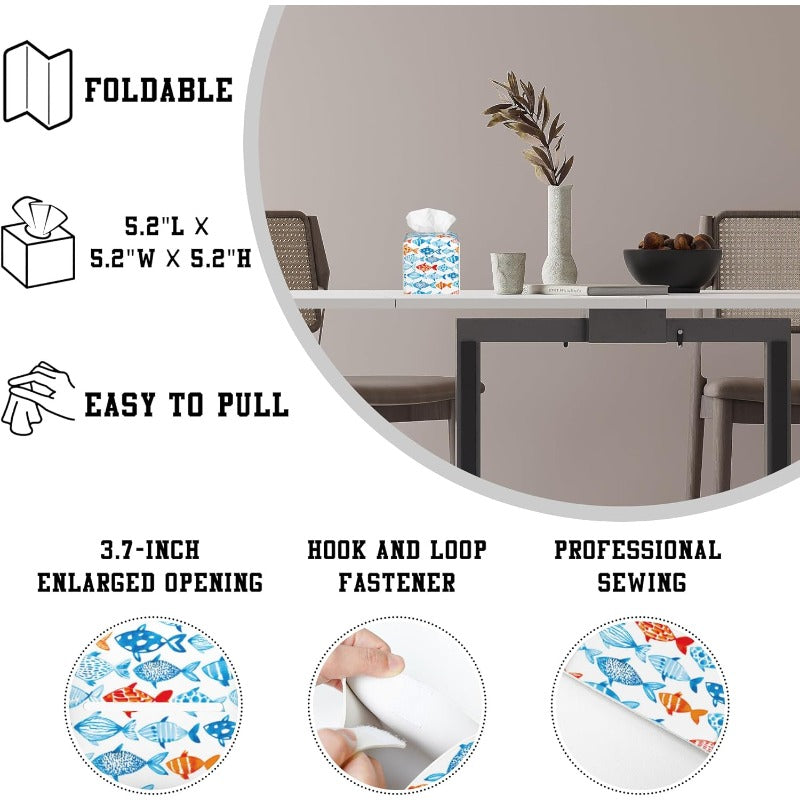 Modern Fish Design Tissue Box Holder - High Quality & Stain-Resistant PVC Leather Square Cube Cover with Blue, Orange, Red, White, Black, Gray, Pink, Brown Fish Pattern - Fits Bathroom, Living Room, Kitchen, Office - Decorative Storage Organizer for