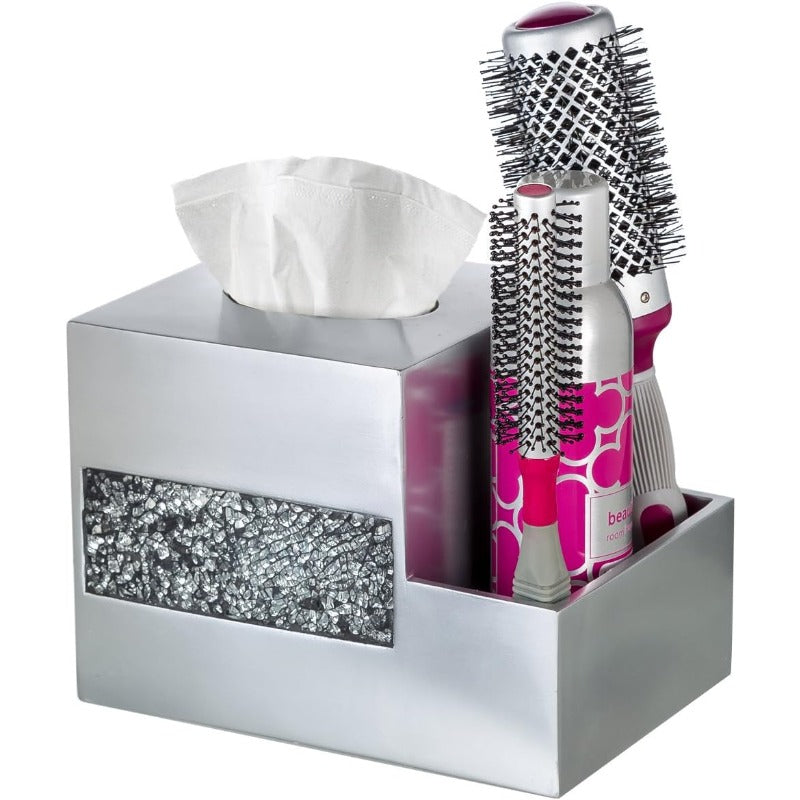 Crackled Glass Silvery Tissue Box Cover Square and Nightstand Organizer for Men Women MultiFunction Mosaic Glass Tissue Box Holder with Makeup Phone Remote Control Holder Organizer for Table, Home Decor Accessory, Tabletop Organizer, Crackled Design,