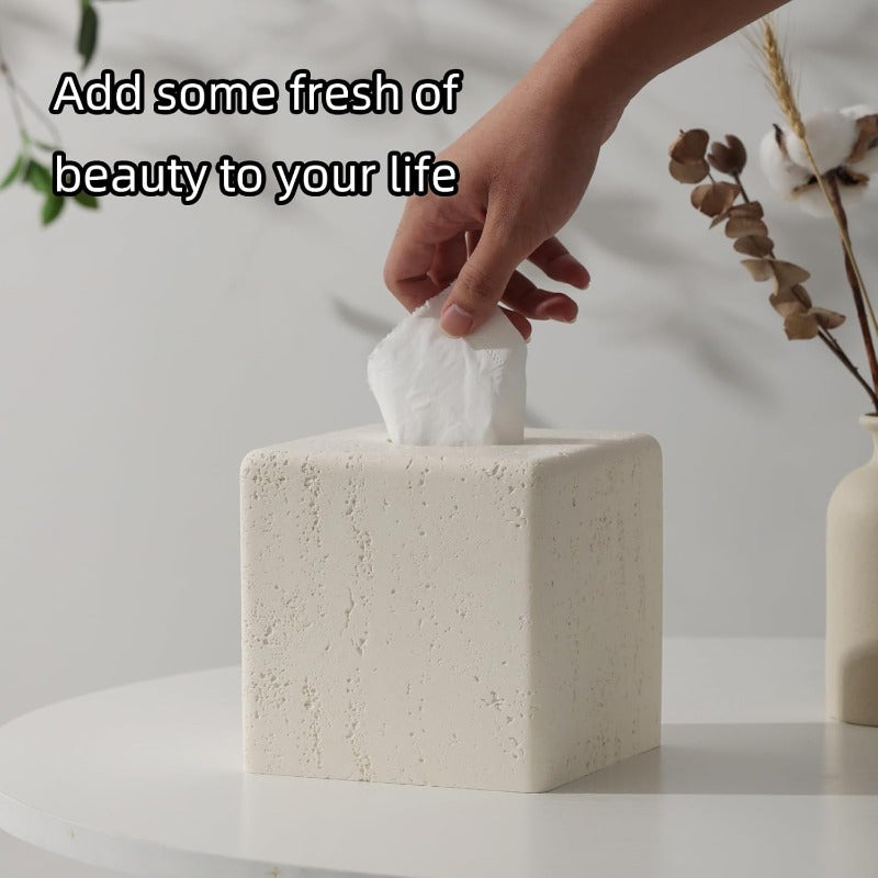 Decorative Square Resin Tissue Box Cover - Glass, Tree-Free, Ideal for Bathroom, Bedroom, Living Room, Office Decor - Cream Finish, Paper Towel Holder, Decorative Travertine Paper Dispenser, Bathroom Decor