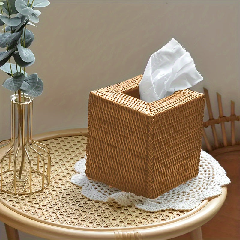 Handmade Square Rattan Tissue Box - Japanese-Style Woven Desktop Organizer, Suitable for Bathroom, Bedroom & Office Decor, Bathroom Organizer, Bedroom Accessory, Rustic Decor, Natural Aesthetic, Artisanal Craftsmanship, Durable Construction, Decorative