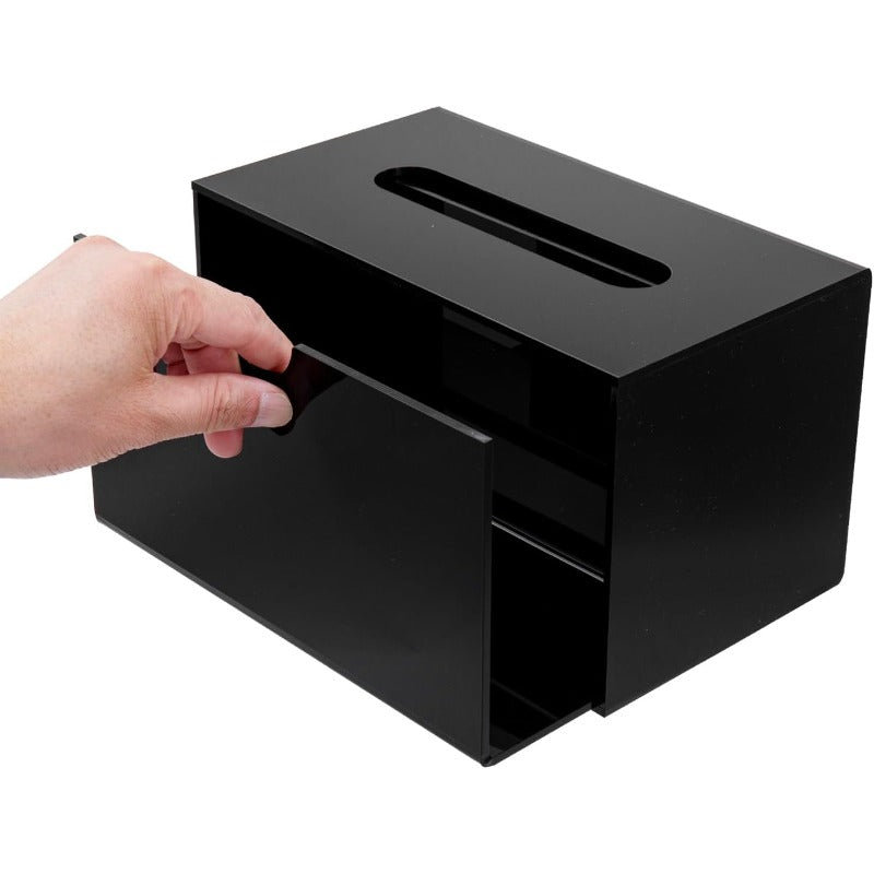Modern Black Acrylic Rectangular Tissue Box Cover with Slide-Out Holder & Refillable Napkin Dispenser - Space-Saving Bathroom Vanity Organizer, Hygienic One-Touch Operation, Durable Countertop Storage for Home or Office - Minimalist Design, Easy