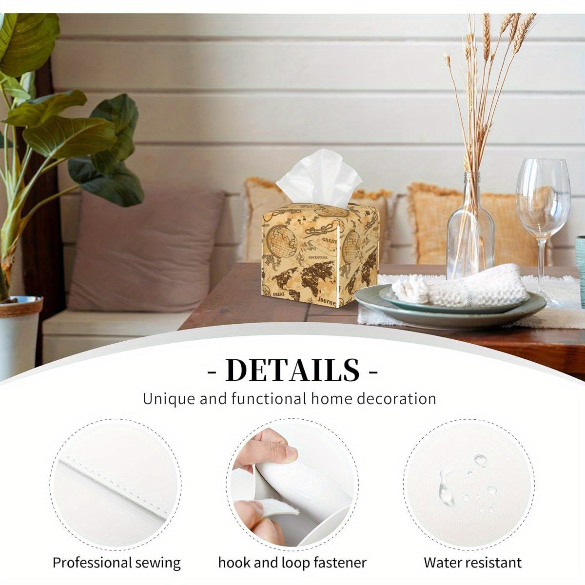 Vintage World Map Tissue Box Holder - Beige, Brown, Black Travel Decor Organizer, Durable Plastic Construction, Compatible with Square Tissues for Home, Office, Bathroom, Living Room - Decorative Tissue Case, Office Accessory, Retro Style, Longlasting