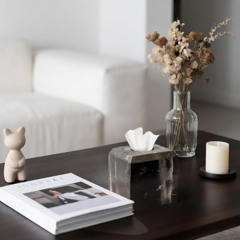 Italy Natural Marble Tissue Box Cover - Heavy-Duty Square Marble Toilet Paper Holder with Black & White Veining, Minimalist Modern Design for Bathroom, Living Room, Bedroom, Kitchen, Office - Durable Elegant Home Decor, Easy-Clean Surface, Decorative