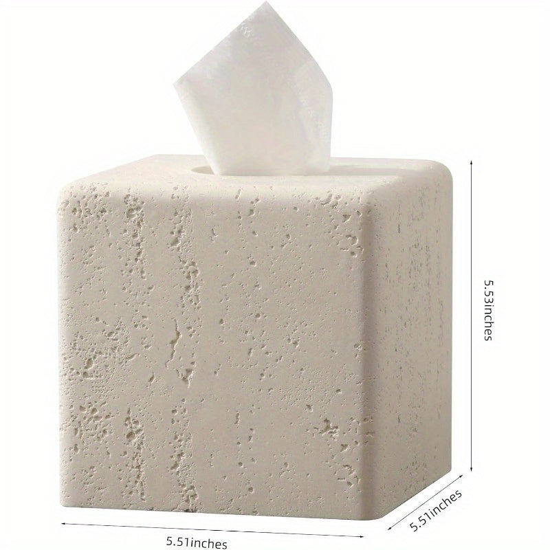 Decorative Square Resin Tissue Box Cover - Glass, Tree-Free, Ideal for Bathroom, Bedroom, Living Room, Office Decor - Cream Finish, Paper Towel Holder, Decorative Travertine Paper Dispenser, Bathroom Decor