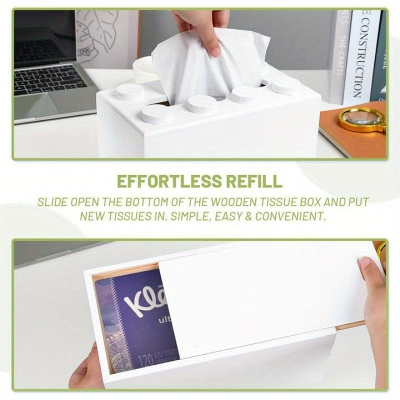 Cute Building Blocks-Themed Tissue Box Cover - Rectangular, Wooden Napkin Holder with 6 Compartments - Ideal for Home Decor in Living Room, Kitchen, Office - White, Napkin Holder for Table, Kitchen Accessory|Playful Design|Wooden Construction, Napkin