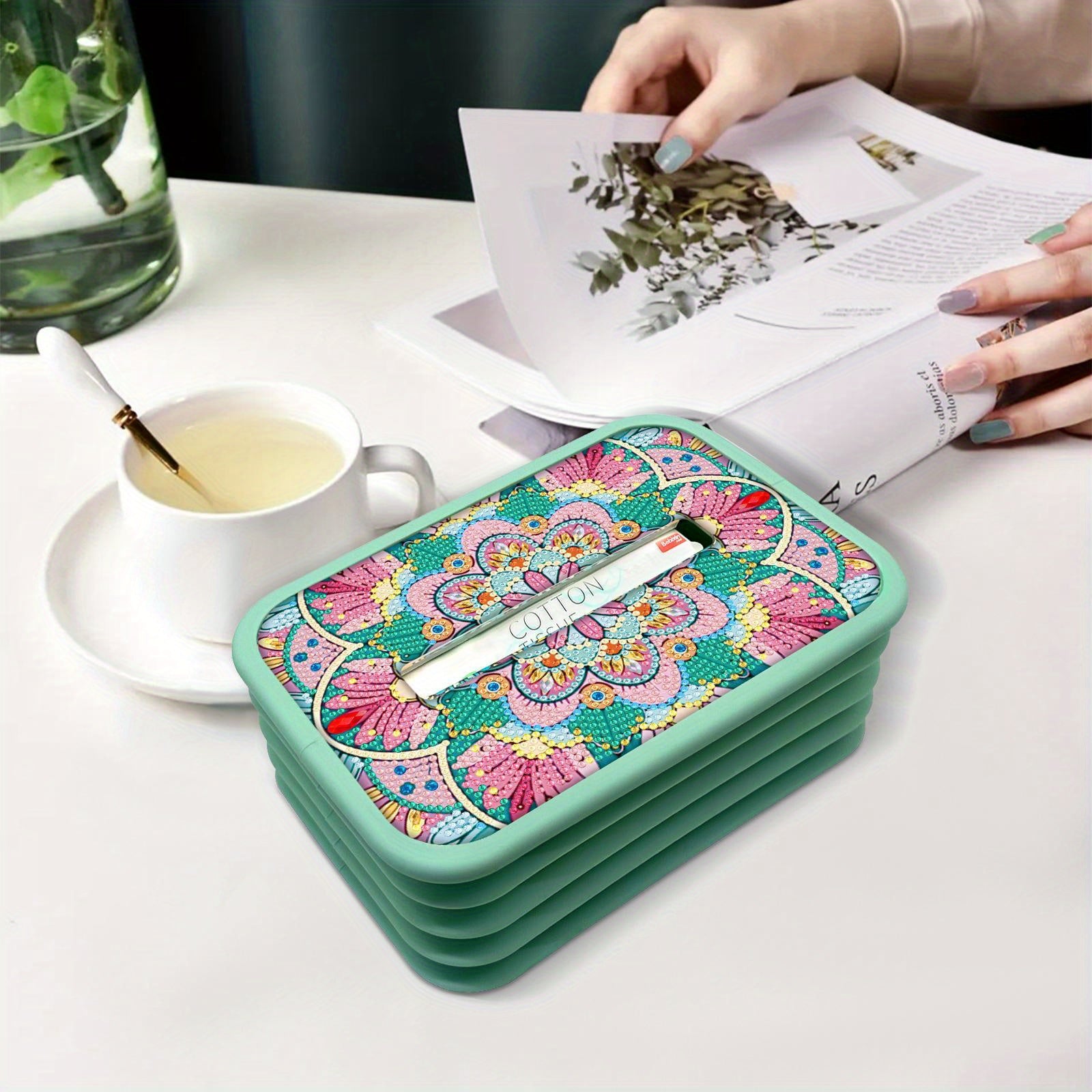 1pc Handmade Diamond Painting Tissue Box Holder - Floral DIY Craft with Pink Flowers, Mint Green Background - Decorative Tissue Organizer for Living Room, Housewarming Wedding Birthday Gift - Includes Assembly Tools - Elegant Home Decor Centerpiece,