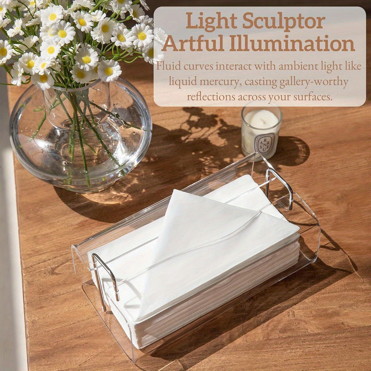 Acrylic Tissue Box Holder Rectangle Acrylic Tissue Holder with 2025 Curved Design Silvery/ Brass Accents 9. 5" x4. 75" Crystal- Clear Tissue Box Dispenser for Bathroom, Kitchen, Office ( Silvery Accents)