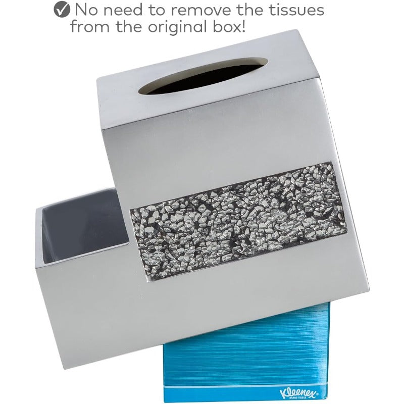 Crackled Glass Silvery Tissue Box Cover Square and Nightstand Organizer for Men Women MultiFunction Mosaic Glass Tissue Box Holder with Makeup Phone Remote Control Holder Organizer for Table, Home Decor Accessory, Tabletop Organizer, Crackled Design,