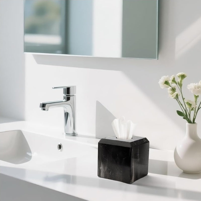 Italy Natural Marble Tissue Box Cover - Heavy-Duty Square Marble Toilet Paper Holder with Black & White Veining, Minimalist Modern Design for Bathroom, Living Room, Bedroom, Kitchen, Office - Durable Elegant Home Decor, Easy-Clean Surface, Decorative