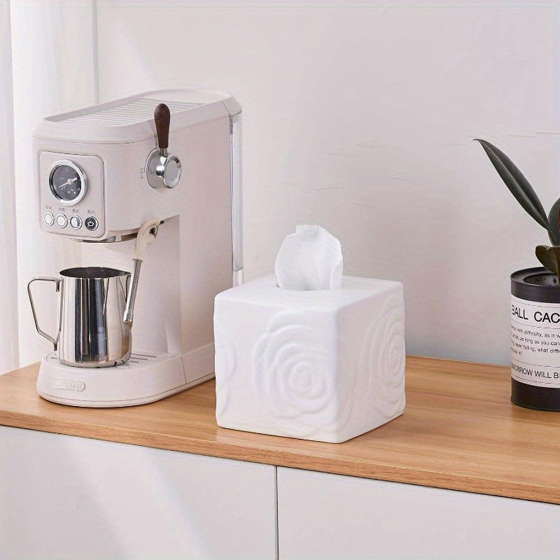 1pc Elegant White Ceramic Tissue Box Holder with Carved Lid - Large Square/Rectangular Design, Decorative Lid & Sturdy Base for Bathroom, Vanity, Kitchen, Office - Decorative Storage for Tissues, Tissues Not Included - Modern & Traditional Decor -