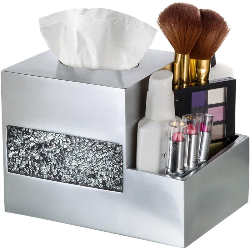 Crackled Glass Silvery Tissue Box Cover Square and Nightstand Organizer for Men Women MultiFunction Mosaic Glass Tissue Box Holder with Makeup Phone Remote Control Holder Organizer for Table, Home Decor Accessory, Tabletop Organizer, Crackled Design,