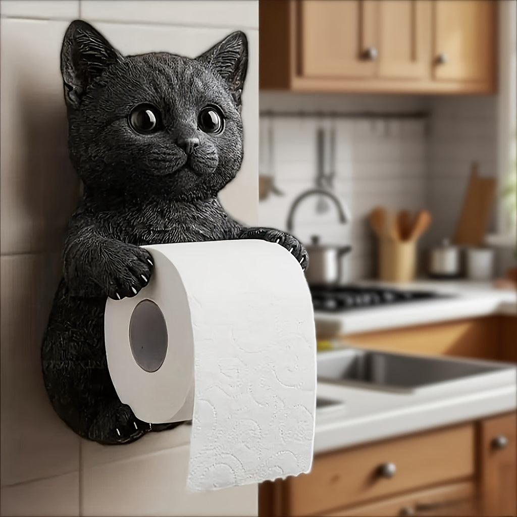 1pc Cute Cat Tissue Box with Tabby Cat Design - Self-Adhesive Toilet Paper Holder & Storage Box, No Tools Needed, Strong Adhesive for Bathroom, Kitchen, Living Room - Space-Saving Modern Home Decor with Gray, Orange, Black & White Tabby Cats - Perfect