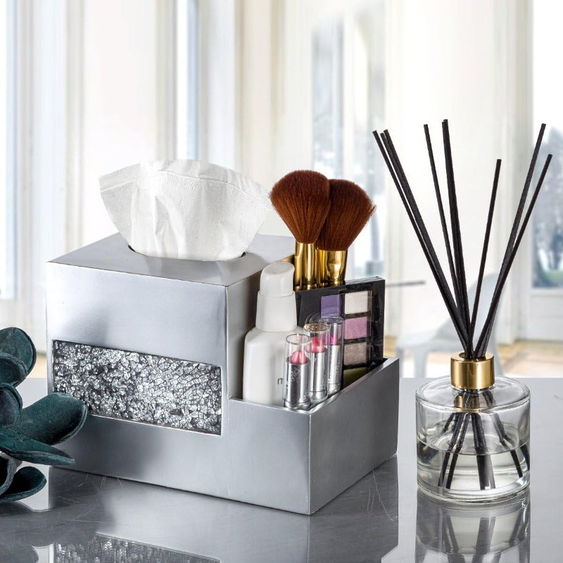 Crackled Glass Silvery Tissue Box Cover Square and Nightstand Organizer for Men Women MultiFunction Mosaic Glass Tissue Box Holder with Makeup Phone Remote Control Holder Organizer for Table, Home Decor Accessory, Tabletop Organizer, Crackled Design,