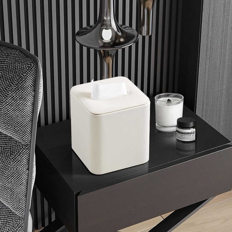 Modern Square Tissue Box Holder with Magnetic Closure - Beige PU Leather Tissue Case, Rounded Edges & Smooth Surface, Secure Magnetic Lid for Bathroom, Living Room, Office - Decorative & Functional Storage Organizer, Durable Tissue Dispenser (Compatible