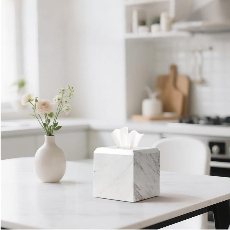 1pc Extra Heavy-Duty Natural Marble Tissue Box Cover & Toilet Paper Holder - Marble-Top Design, -Slip Base, Fits Square Boxes, Marble Texture - Marble Countertop Decor for Bathroom, Living Room, Office - Ideal Gift for Elderly & Low-Dexterity Users - Fits