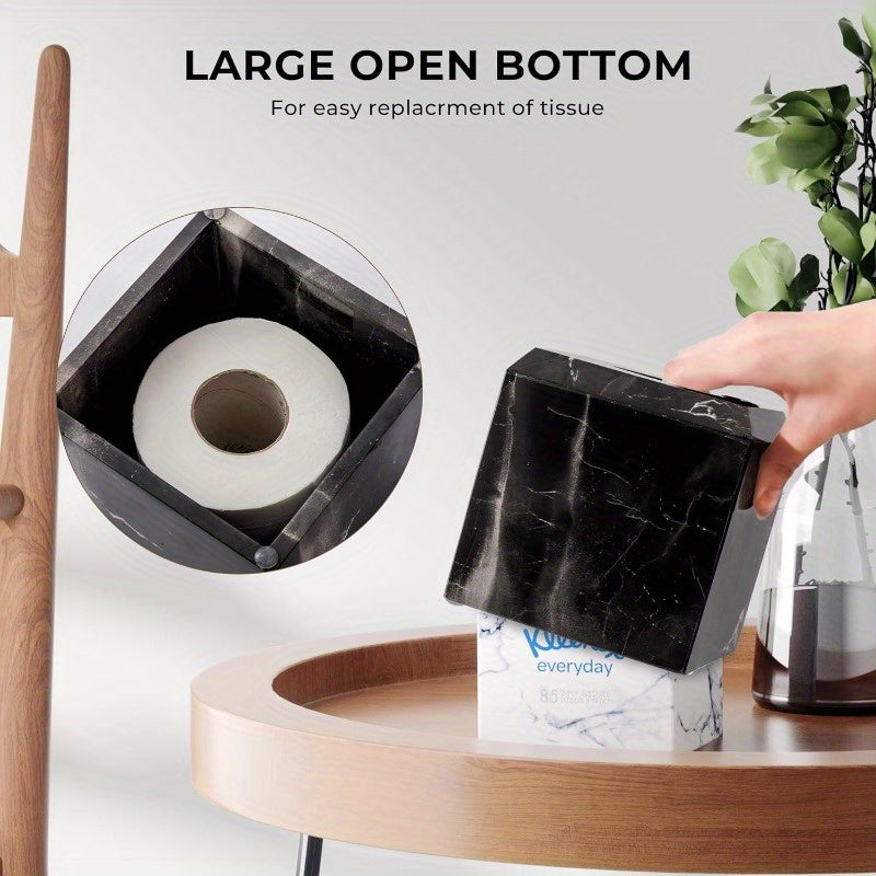 Italy Natural Marble Tissue Box Cover - Heavy-Duty Square Marble Toilet Paper Holder with Black & White Veining, Minimalist Modern Design for Bathroom, Living Room, Bedroom, Kitchen, Office - Durable Elegant Home Decor, Easy-Clean Surface, Decorative