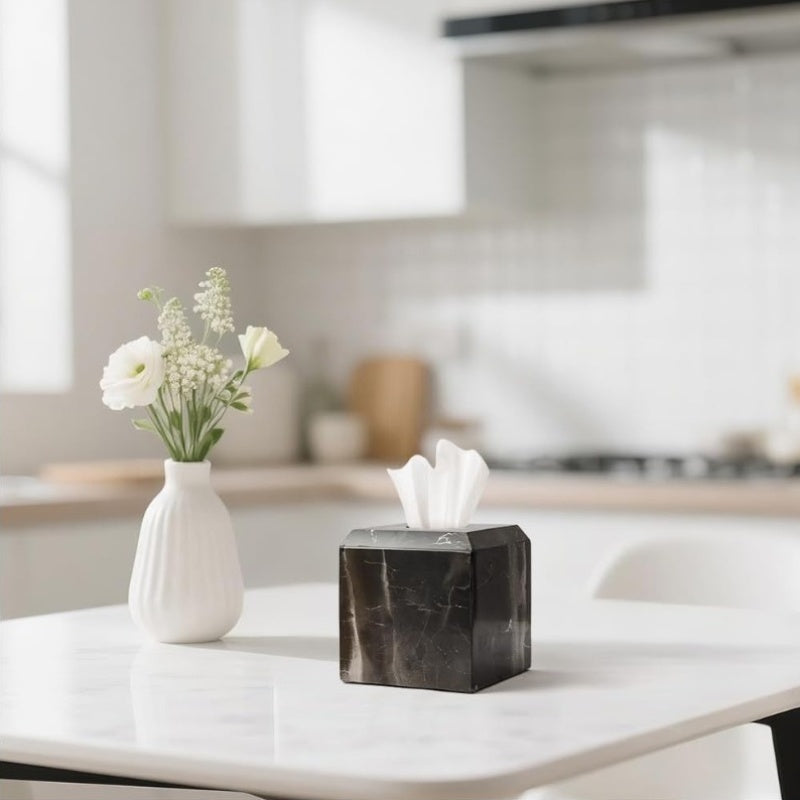 Italy Natural Marble Tissue Box Cover - Heavy-Duty Square Marble Toilet Paper Holder with Black & White Veining, Minimalist Modern Design for Bathroom, Living Room, Bedroom, Kitchen, Office - Durable Elegant Home Decor, Easy-Clean Surface, Decorative