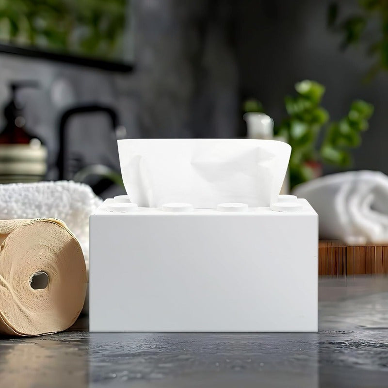 Cute Building Blocks-Themed Tissue Box Cover - Rectangular, Wooden Napkin Holder with 6 Compartments - Ideal for Home Decor in Living Room, Kitchen, Office - White, Napkin Holder for Table, Kitchen Accessory|Playful Design|Wooden Construction, Napkin