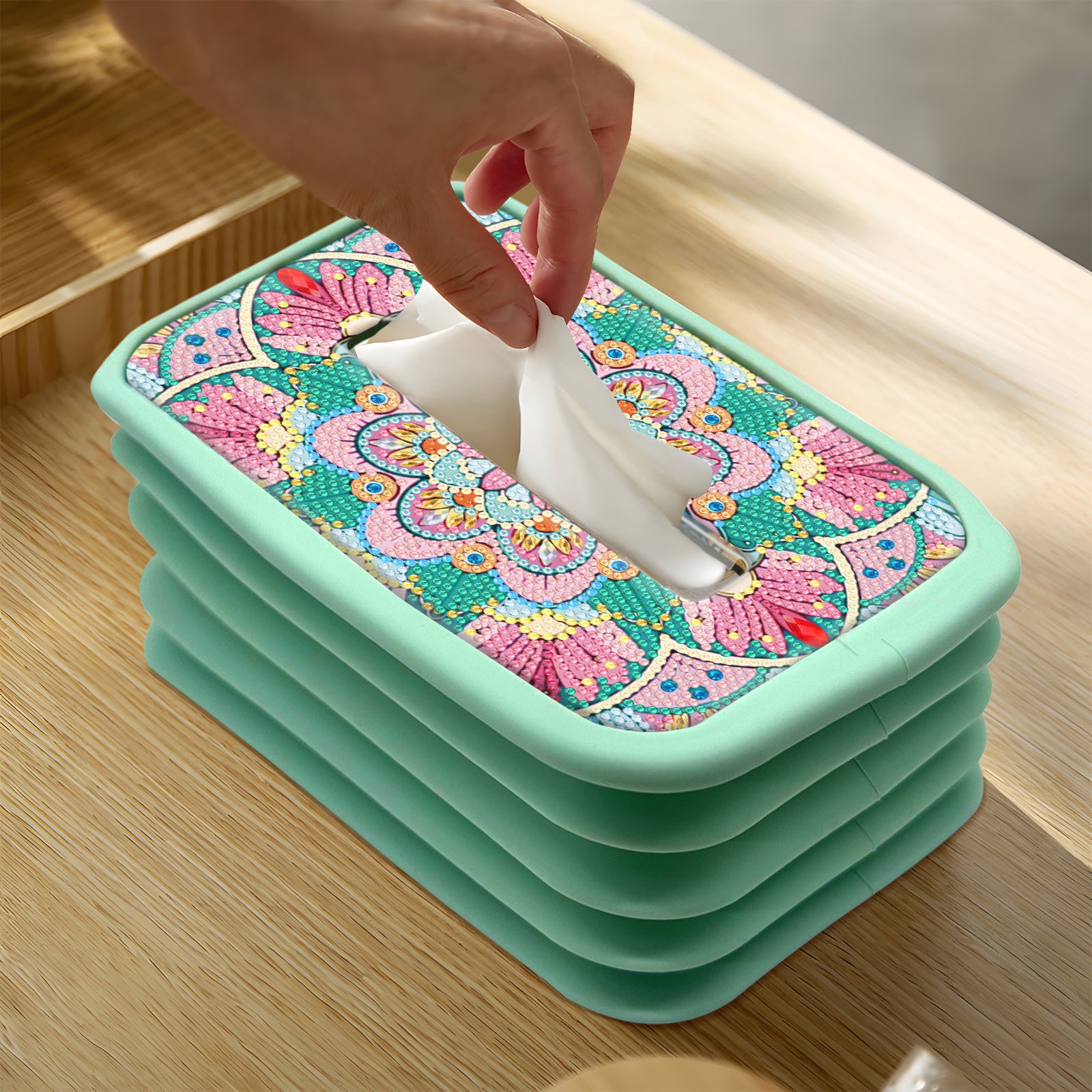 1pc Handmade Diamond Painting Tissue Box Holder - Floral DIY Craft with Pink Flowers, Mint Green Background - Decorative Tissue Organizer for Living Room, Housewarming Wedding Birthday Gift - Includes Assembly Tools - Elegant Home Decor Centerpiece,