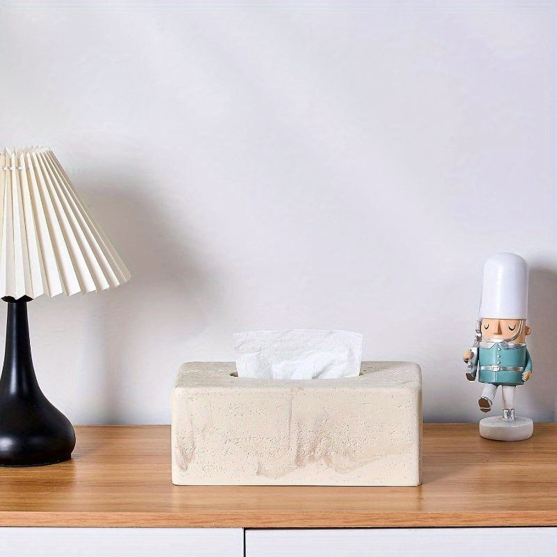 Natural Travertine Textures Tissue Box Cover - Heavy-Duty Resin Rectangular Bathroom Countertop Organizer, 4-Inch Height, Beige Marble Design for Home Decor, Office, or Bedside Table, Durable & Stylish Storage Solution, Bathroom Decor And Accessories,