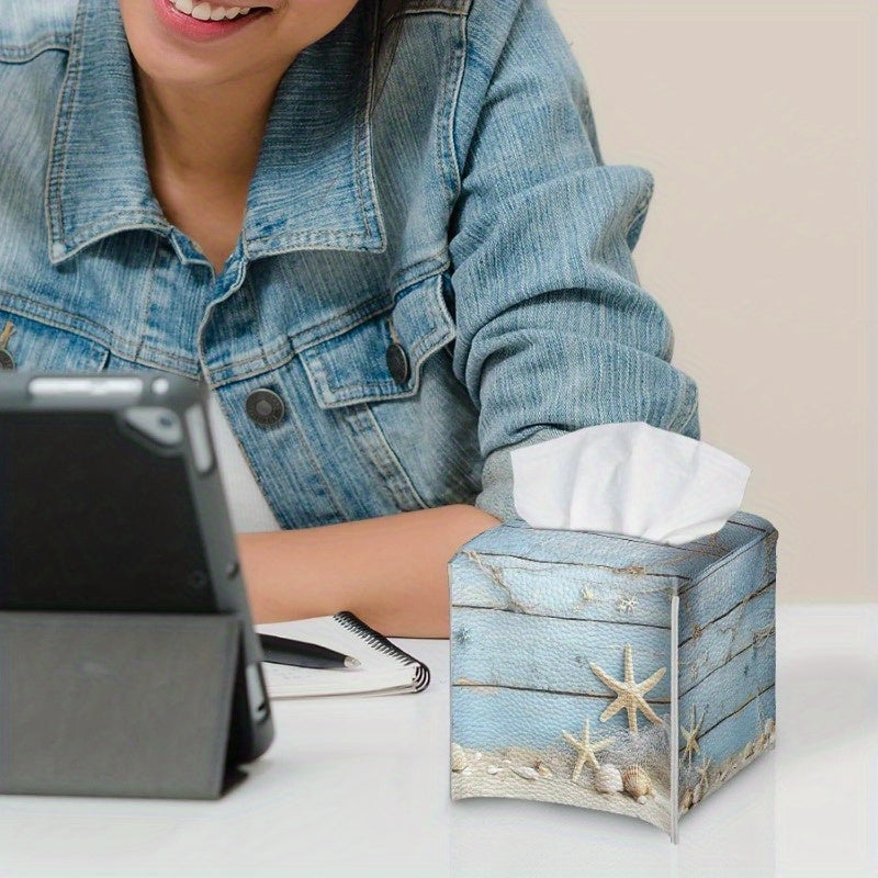 Square Tissue Box Holder Designed for Facial Tissues, Serving As a Stylish Organizer And Dispenser for Napkins, Suitable for Bedroom, Office, Or Bathroom Decor, Featuring a Blue Starfish Design