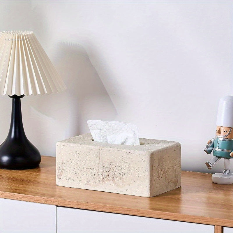 Natural Travertine Textures Tissue Box Cover - Heavy-Duty Resin Rectangular Bathroom Countertop Organizer, 4-Inch Height, Beige Marble Design for Home Decor, Office, or Bedside Table, Durable & Stylish Storage Solution, Bathroom Decor And Accessories,