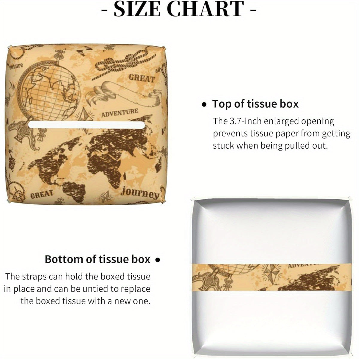 Vintage World Map Tissue Box Holder - Beige, Brown, Black Travel Decor Organizer, Durable Plastic Construction, Compatible with Square Tissues for Home, Office, Bathroom, Living Room - Decorative Tissue Case, Office Accessory, Retro Style, Longlasting