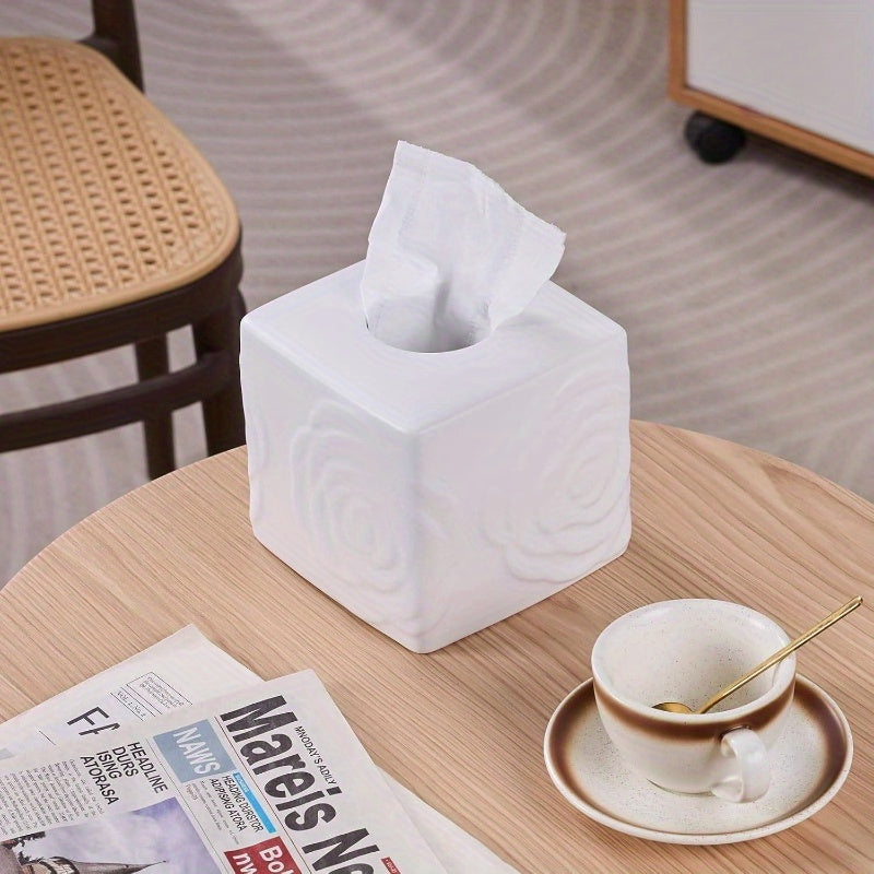 1pc Elegant White Ceramic Tissue Box Holder with Carved Lid - Large Square/Rectangular Design, Decorative Lid & Sturdy Base for Bathroom, Vanity, Kitchen, Office - Decorative Storage for Tissues, Tissues Not Included - Modern & Traditional Decor -