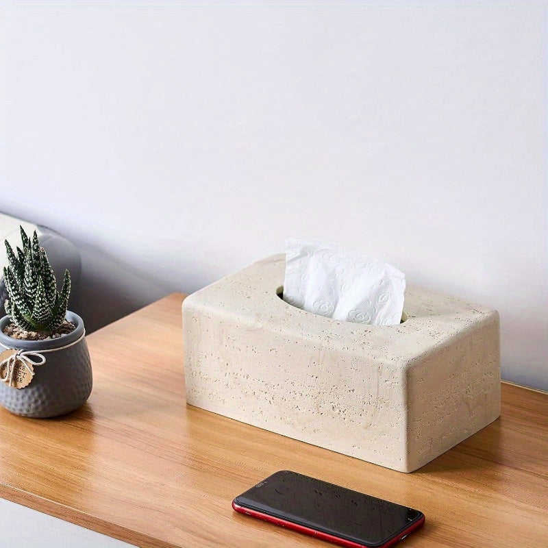 Natural Travertine Textures Tissue Box Cover - Heavy-Duty Resin Rectangular Bathroom Countertop Organizer, 4-Inch Height, Beige Marble Design for Home Decor, Office, or Bedside Table, Durable & Stylish Storage Solution, Bathroom Decor And Accessories,