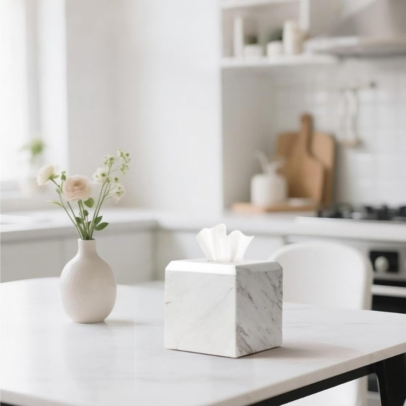 Italy Natural Marble Tissue Box Cover - Heavy-Duty Square Marble Toilet Paper Holder with Marble Pattern in White & Grey, Minimalist Modern Design for Bathroom, Living Room, Bedroom, Kitchen, Office - Durable Elegant Tissue Dispenser, Decorative Storage