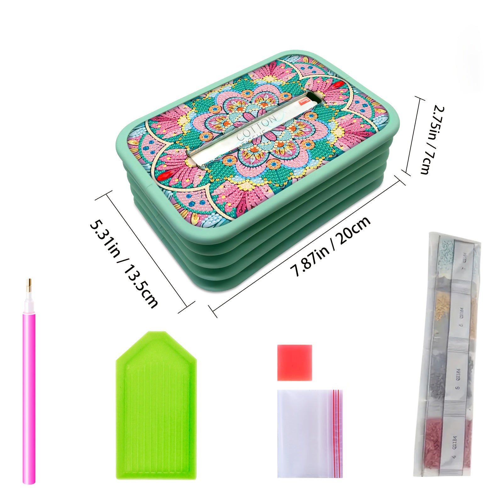 1pc Handmade Diamond Painting Tissue Box Holder - Floral DIY Craft with Pink Flowers, Mint Green Background - Decorative Tissue Organizer for Living Room, Housewarming Wedding Birthday Gift - Includes Assembly Tools - Elegant Home Decor Centerpiece,