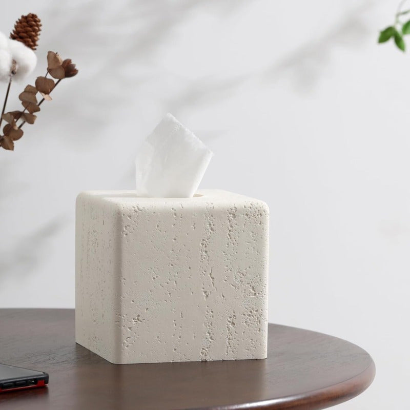 Decorative Square Resin Tissue Box Cover - Glass, Tree-Free, Ideal for Bathroom, Bedroom, Living Room, Office Decor - Cream Finish, Paper Towel Holder, Decorative Travertine Paper Dispenser, Bathroom Decor