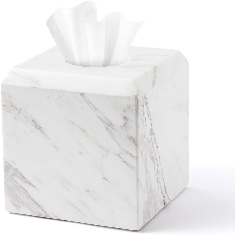 Italy Natural Marble Tissue Box Cover - Heavy-Duty Square Marble Toilet Paper Holder with Marble Pattern in White & Grey, Minimalist Modern Design for Bathroom, Living Room, Bedroom, Kitchen, Office - Durable Elegant Tissue Dispenser, Decorative Storage