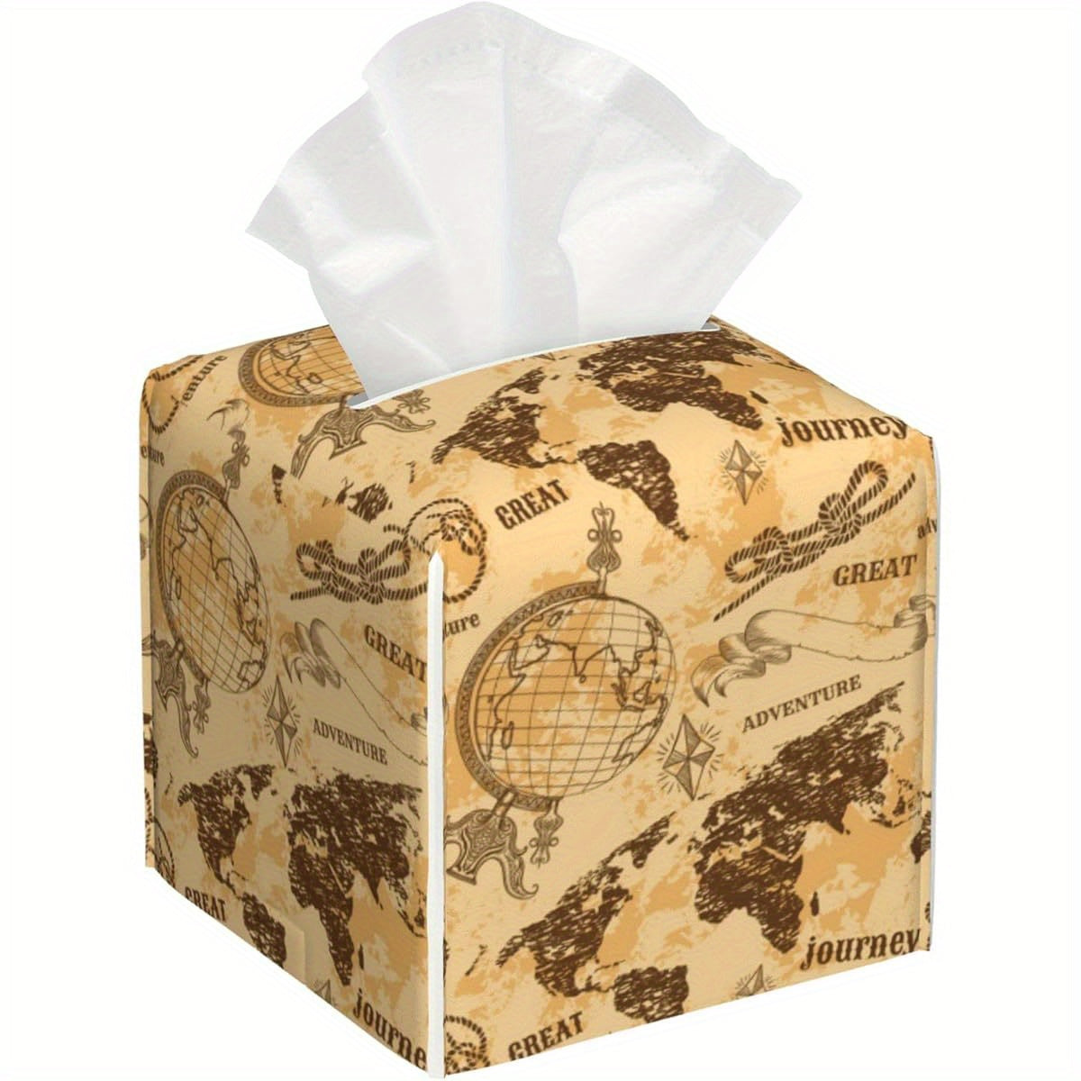 Vintage World Map Tissue Box Holder - Beige, Brown, Black Travel Decor Organizer, Durable Plastic Construction, Compatible with Square Tissues for Home, Office, Bathroom, Living Room - Decorative Tissue Case, Office Accessory, Retro Style, Longlasting