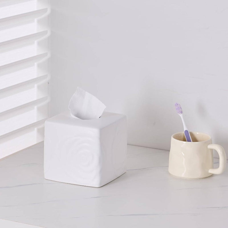 1pc Elegant White Ceramic Tissue Box Holder with Carved Lid - Large Square/Rectangular Design, Decorative Lid & Sturdy Base for Bathroom, Vanity, Kitchen, Office - Decorative Storage for Tissues, Tissues Not Included - Modern & Traditional Decor -