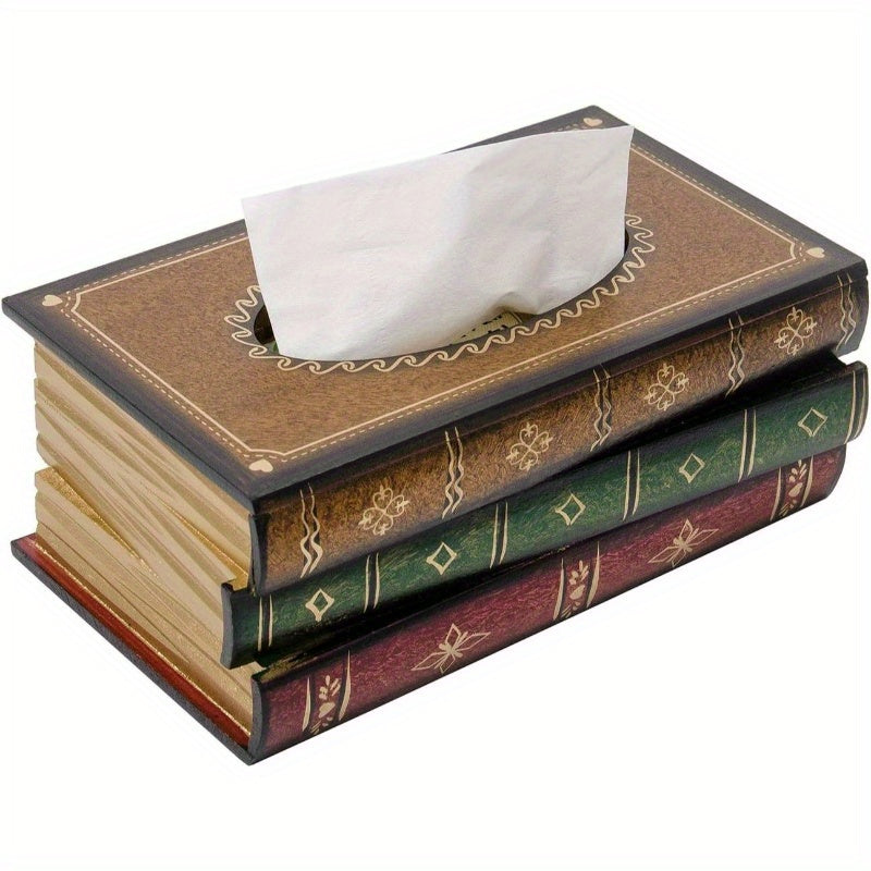 Vintage Book Design Tissue Box Cover - Antique Brown/Black/Green/Red/Blue/Golden/Beige - Decorative Dispenser for Bathroom, Living Room, Office, Kitchen, Car - Elegant Tabletop Organizer for Tissues & Napkins - Durable Wooden Construction - Decorative