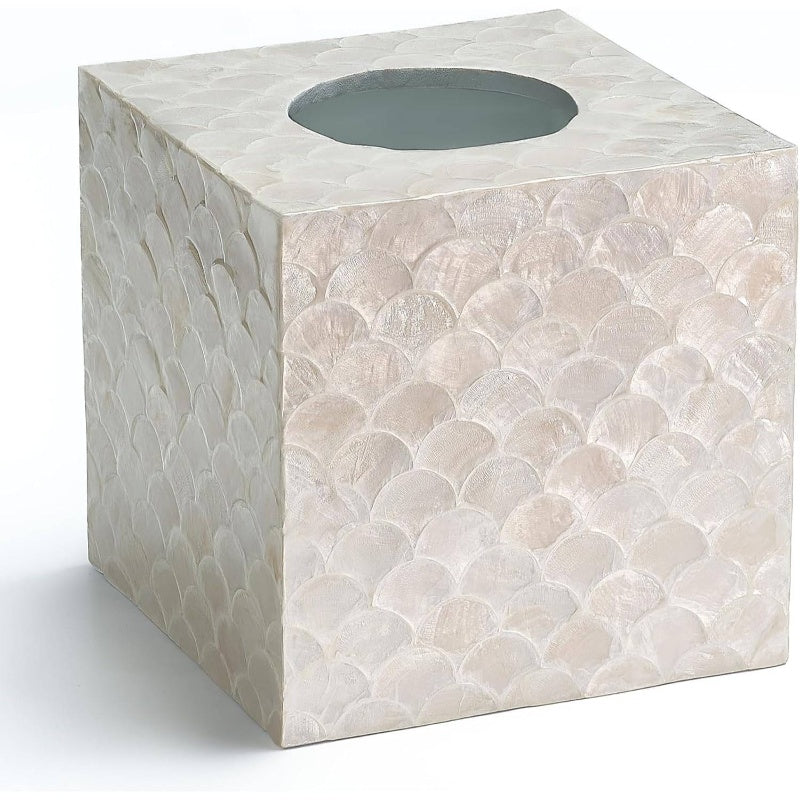 5.9u201D Capiz Tissue Box Cover, Square Decorative Tissue Holder with Bottom Slider, Handmade Accessories, Elegant White Cube for Vanity, Bedroom, Office Coastal Dcor Natural