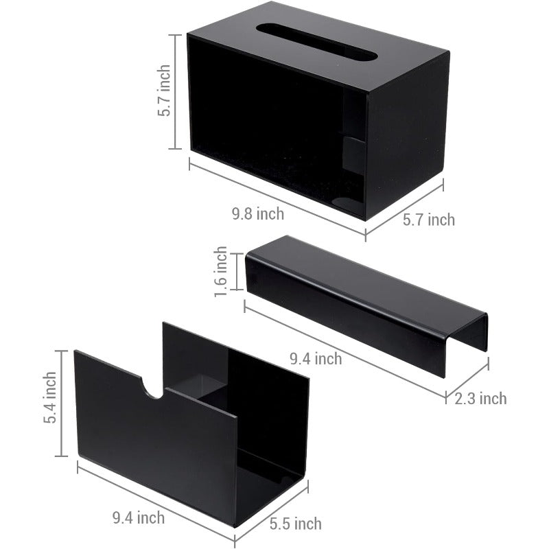 Modern Black Acrylic Rectangular Tissue Box Cover with Slide-Out Holder & Refillable Napkin Dispenser - Space-Saving Bathroom Vanity Organizer, Hygienic One-Touch Operation, Durable Countertop Storage for Home or Office - Minimalist Design, Easy