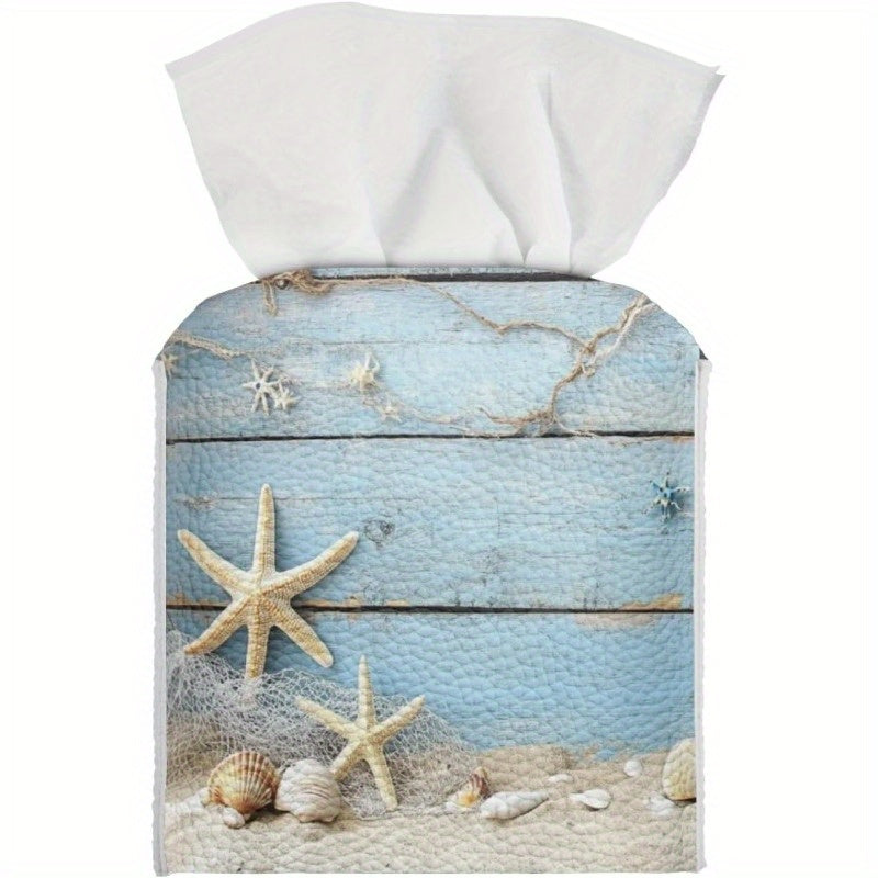 Nautical Starfish & Shells Tissue Box Holder - High Quality PU Leather Square Cube Organizer with Blue Coastal Design, Fits Standard Tissues, Decorative Storage for Bathroom, Bedroom, Office & Beach House - Ideal Housewarming Gift