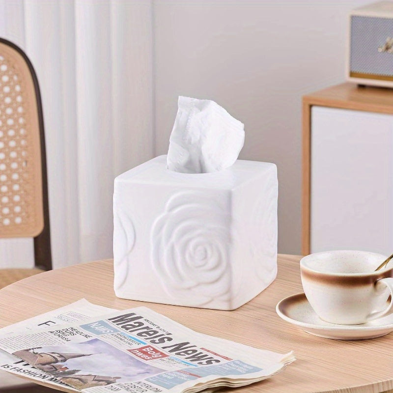 1pc Elegant White Ceramic Tissue Box Holder with Carved Lid - Large Square/Rectangular Design, Decorative Lid & Sturdy Base for Bathroom, Vanity, Kitchen, Office - Decorative Storage for Tissues, Tissues Not Included - Modern & Traditional Decor -