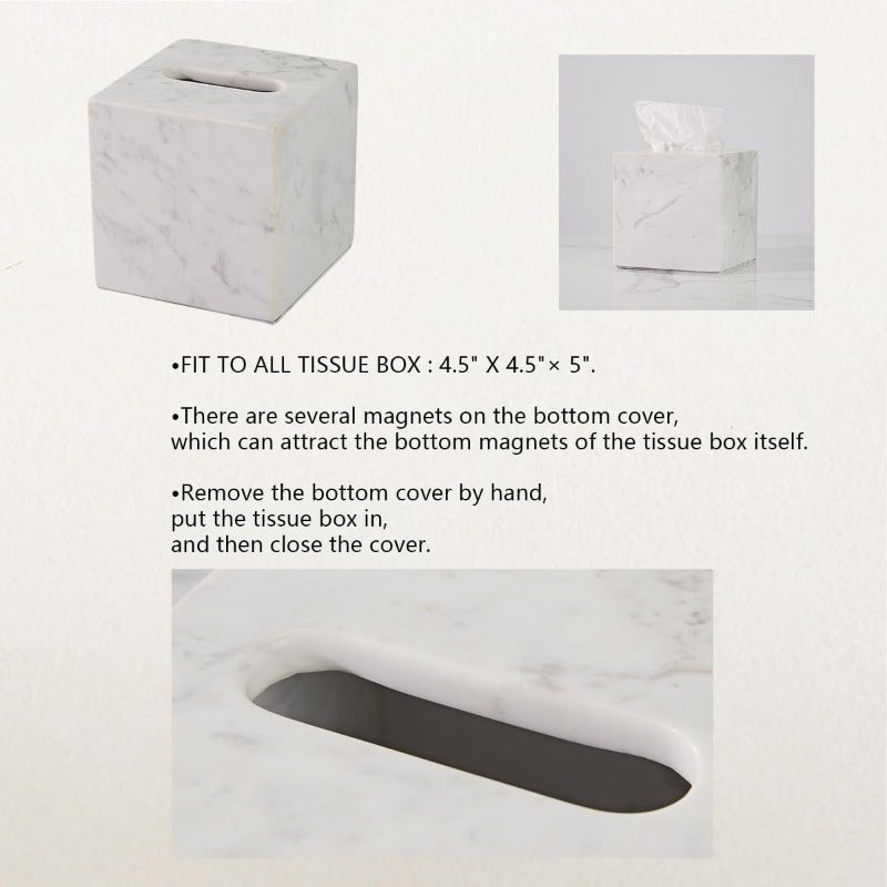 White Marble Tissue Holder with Removable Square Acrylic Base & Natural Marble Top - Modern Elegant Bathroom, Living Room, Bedroom, Office Tissue Box Organizer - Durable Marble & Acrylic Construction, Space-Saving Design, Decorative Tissue Dispenser for